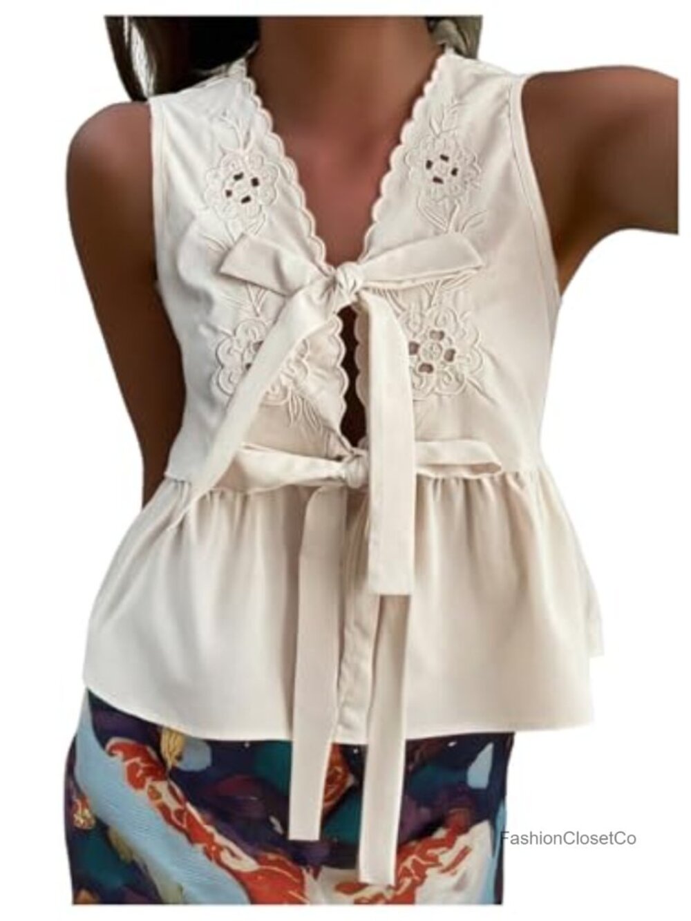 Sleeveless Boho Eyelet Blouse with Bow Tie Front Peplum Ruffle V Neck Top